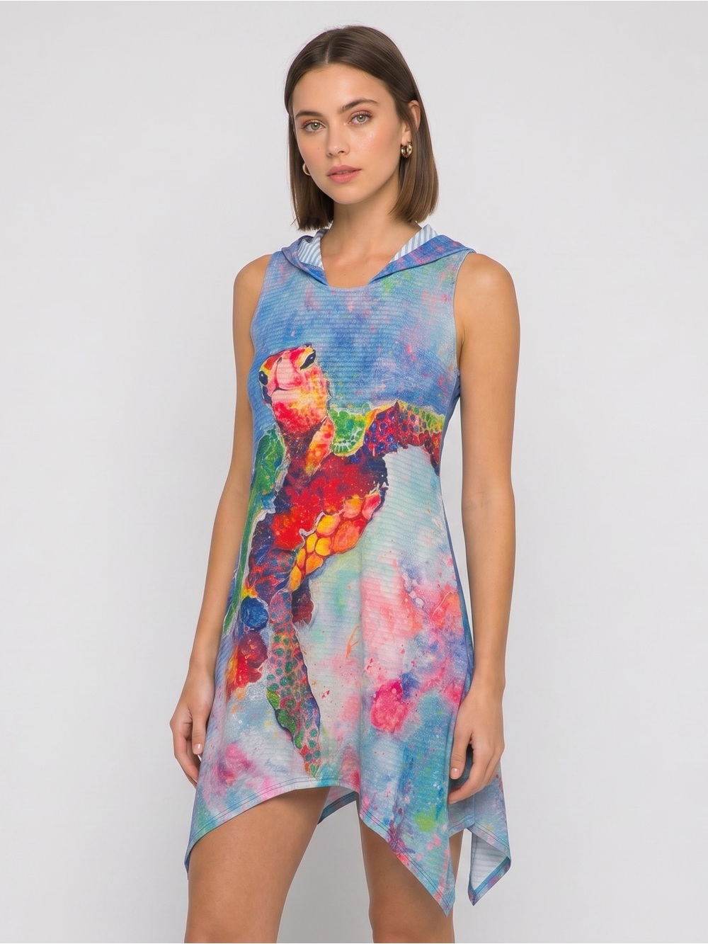 Leoma Lovegrove Hooded Beach Dress Cover Up Sea Turtle Work of Art Size L